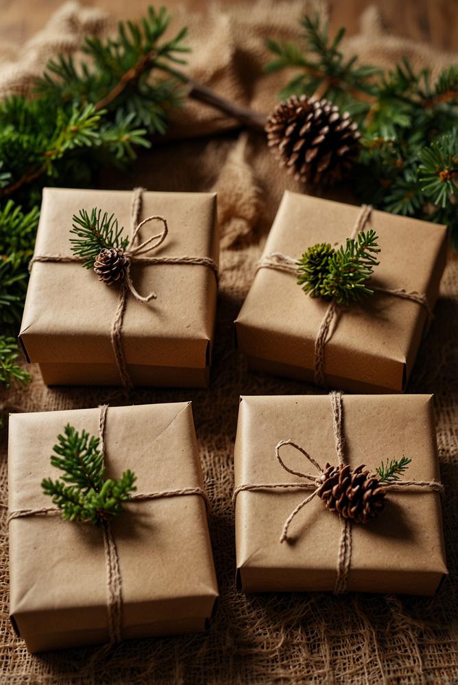 Helle Geschenkverpackung mit Moos, Zapfen und Zweigen