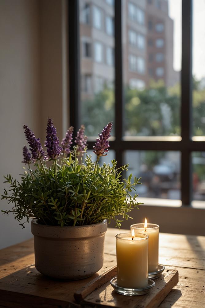 Fensterbank mit Kräutern und Kerzen für ruhige Neujahrsstimmung