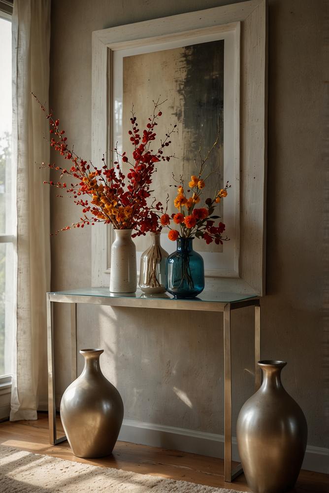 Helles Vasenensemble mit Zweigen und Beeren im Eingangsbereich