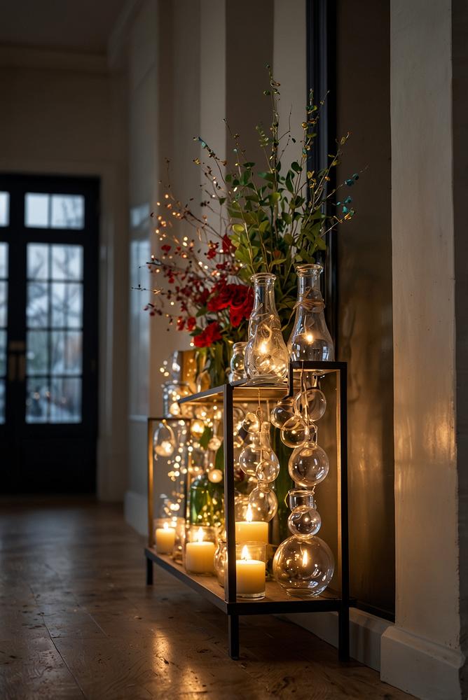 Gläser mit Wunderkerzen und Konfetti auf der Garderobe im hellen Eingangsbereich