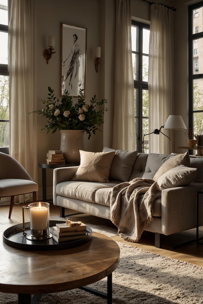 Neutrale Kissen und Plaid auf Sofa festlich dekoriert