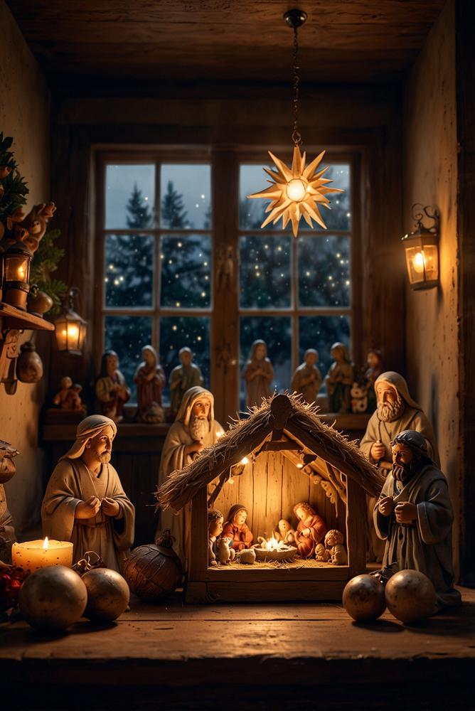 Nostalgische Weihnachtskrippe mit handgeschnitzten Figuren