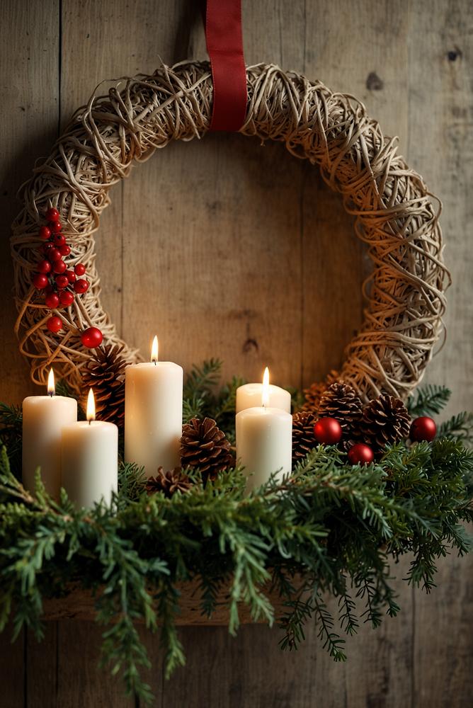Nostalgischer Adventskranz mit Kerzen und Tannenzapfen