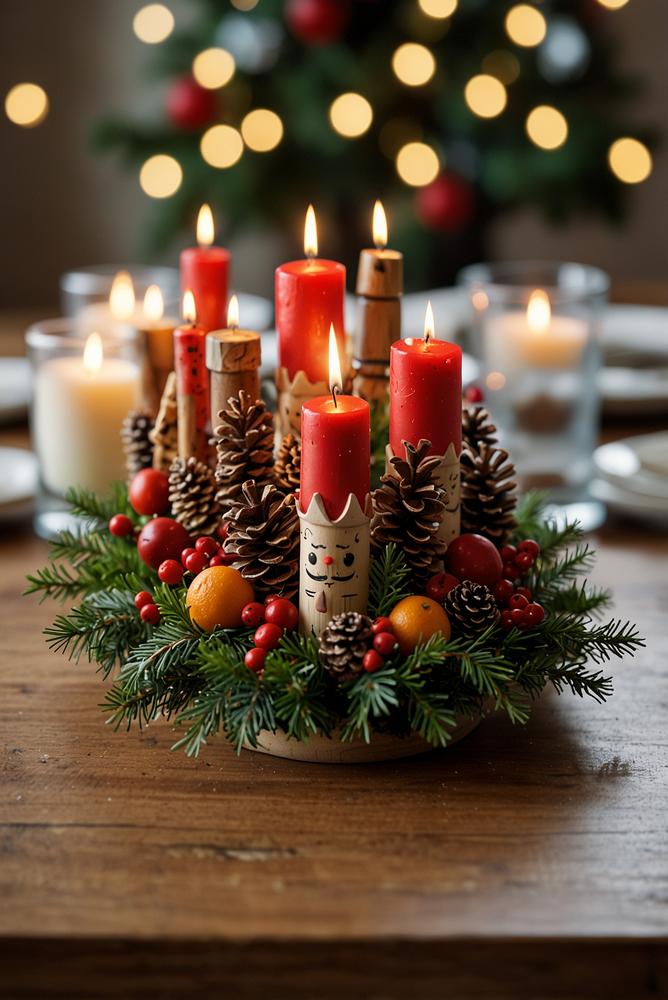 Hell erleuchtetes Nussknacker-Tischgesteck mit Kerzenlicht