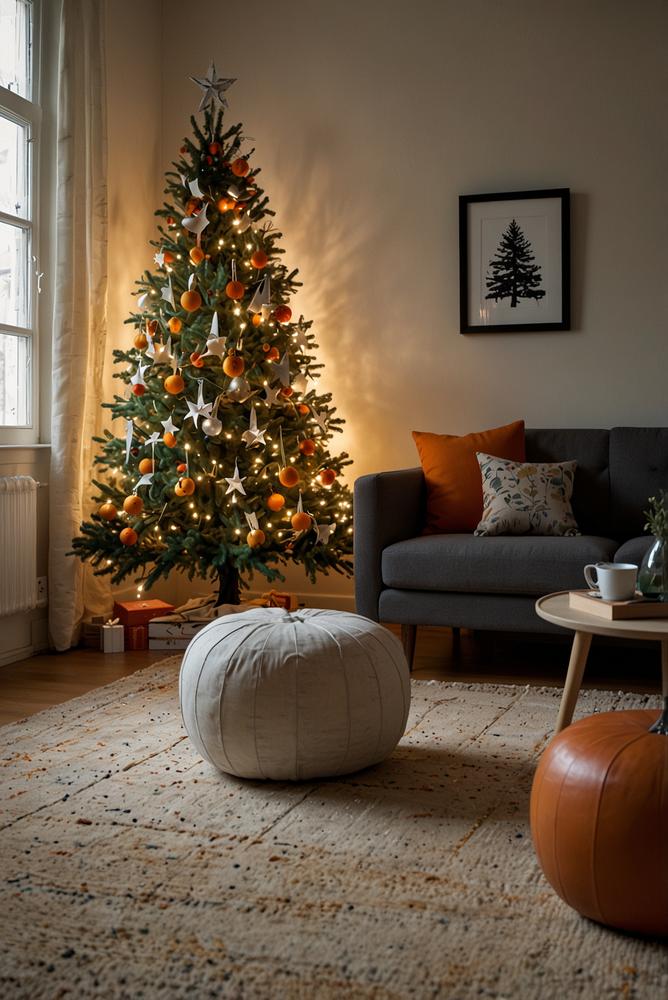 Pflanzen-Weihnachtsbaum in einem hellen modernen Wohnzimmer