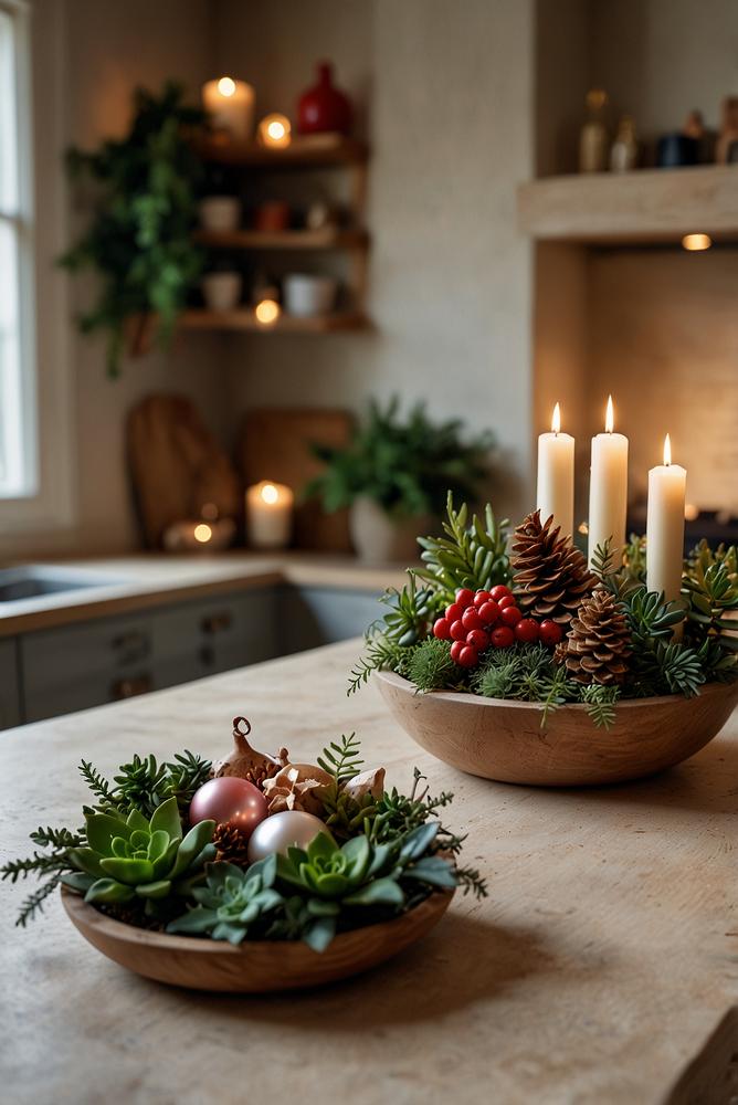 Kuecheninsel mit Pflanzen und weihnachtlicher Dekoration hell und einladend