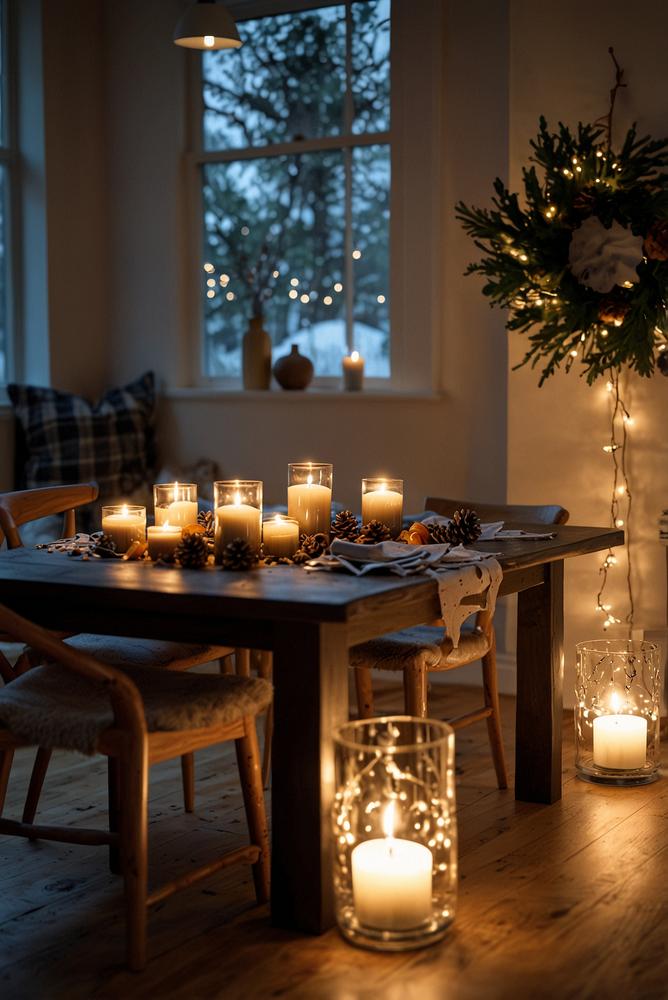 Helle platzsparende LED Silvesterdekoration auf kleinem Esstisch