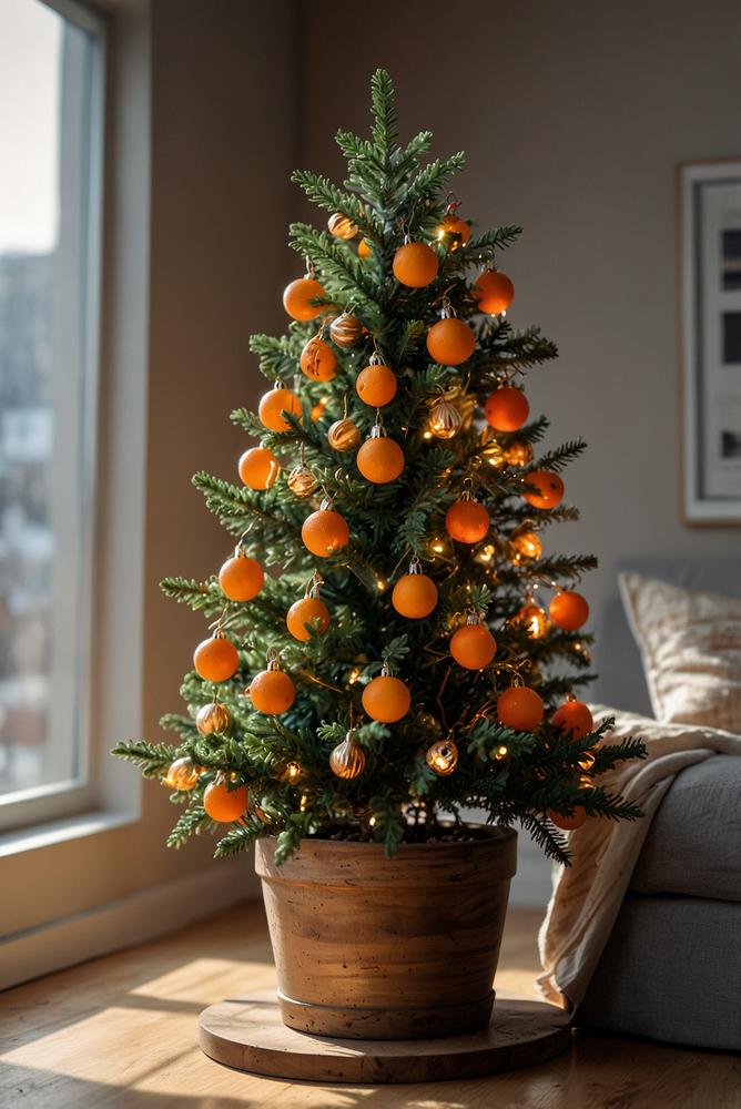 Mini-Weihnachtsbaum in heller, winterlicher Wohnung