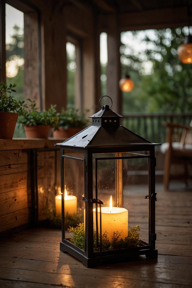 Romantische Weihnachtsdeko auf Balkon mit Windlichtern und Lichterkette