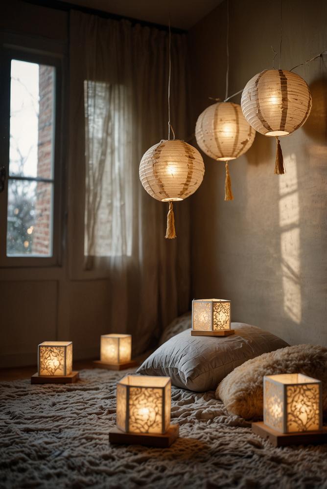 Fenster mit papierlaternen und warmem kerzenlicht