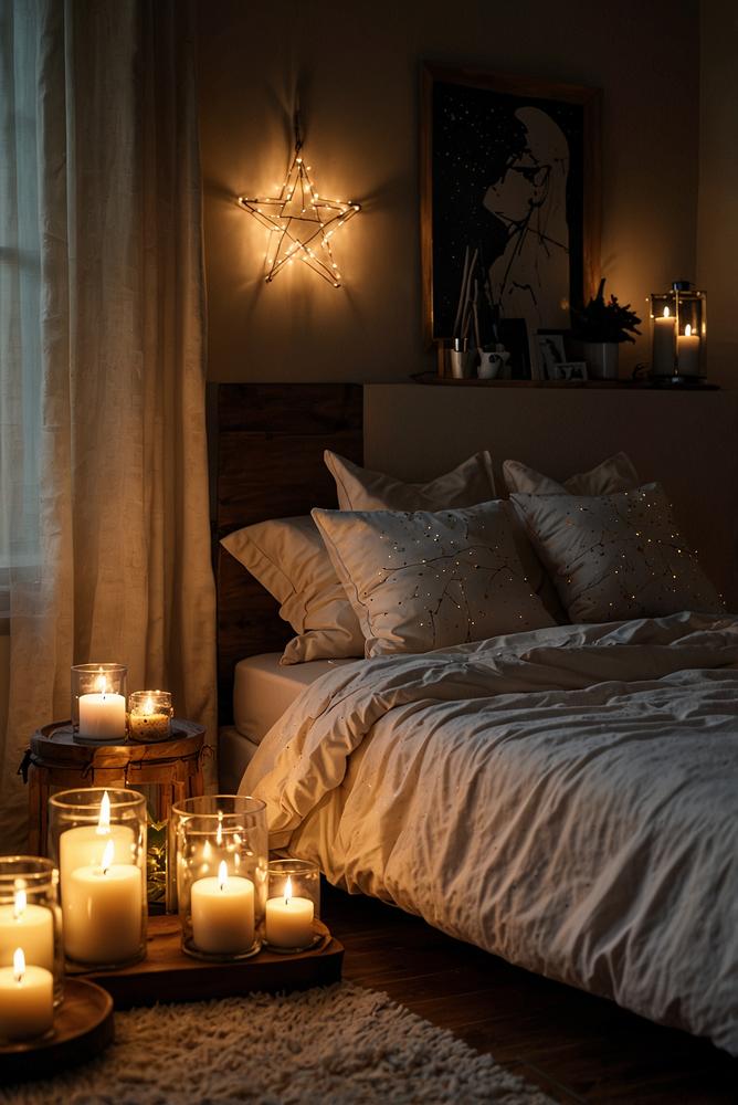 Romantische Weihnachtsbeleuchtung mit Sternenlichtern und Kerzen