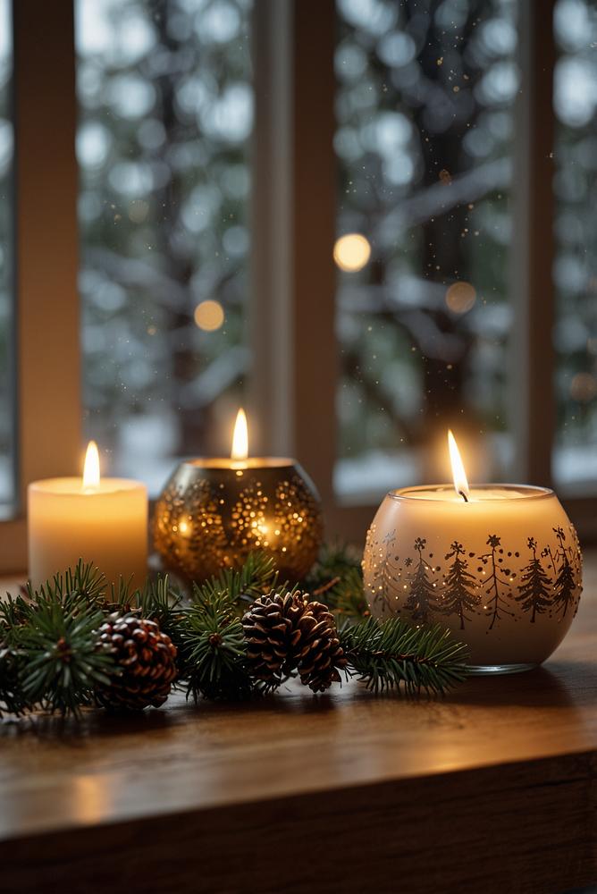 Fensterbank mit romantischer Weihnachtsdeko und Lichtern