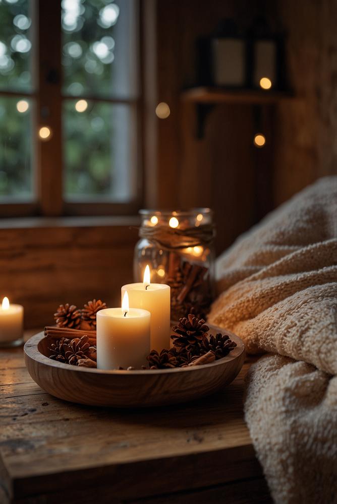 Duftende Zimt-Kerzen auf Holzbrett mit Lichtergirlande