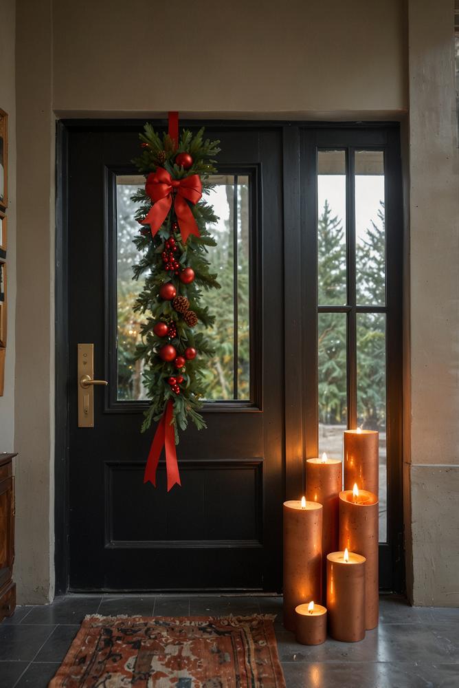 Haustür mit roter Schleife und Kupferakzenten weihnachtlich dekoriert