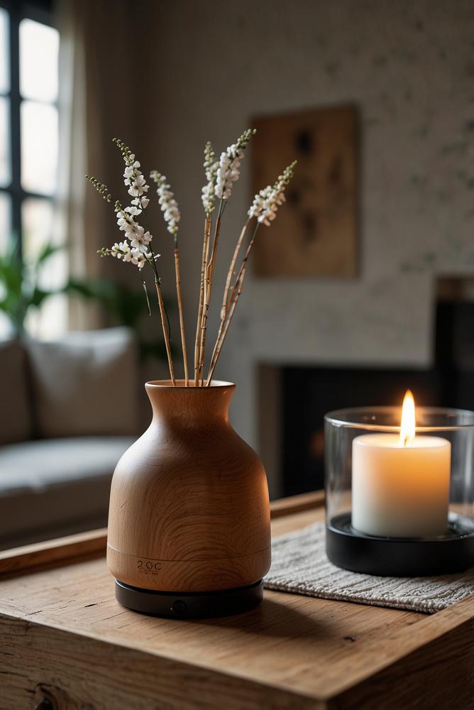 Sanfte Duftstation mit Diffuser und Stövchen im hellen Raum