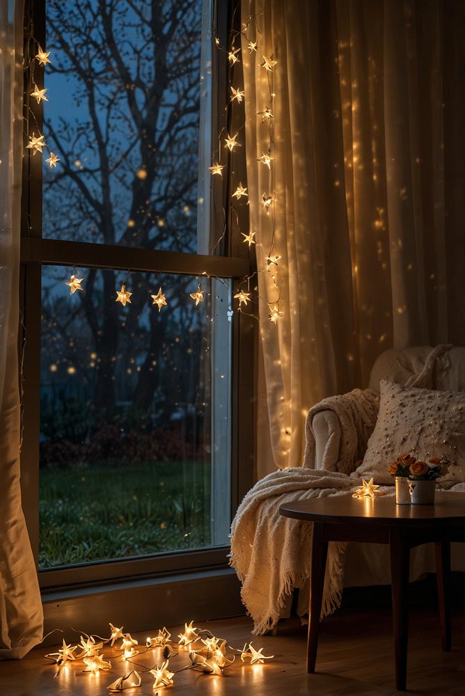 Sanfte Lichterkette am Fenster für ruhige Neujahrsatmosphaere