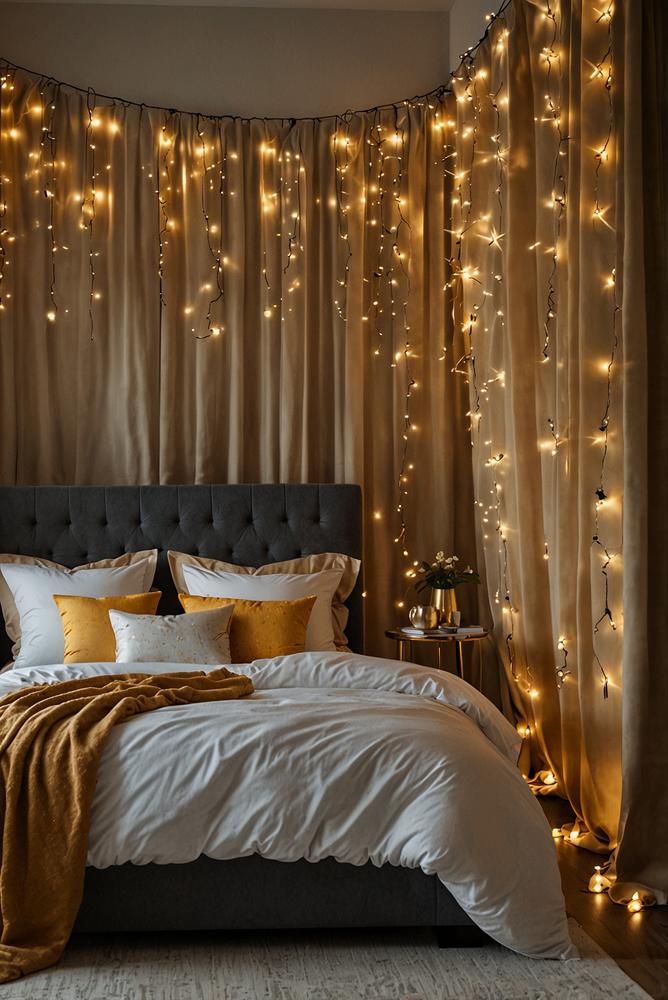 Schlafzimmerbett mit goldenen Kissen und Lichterketten