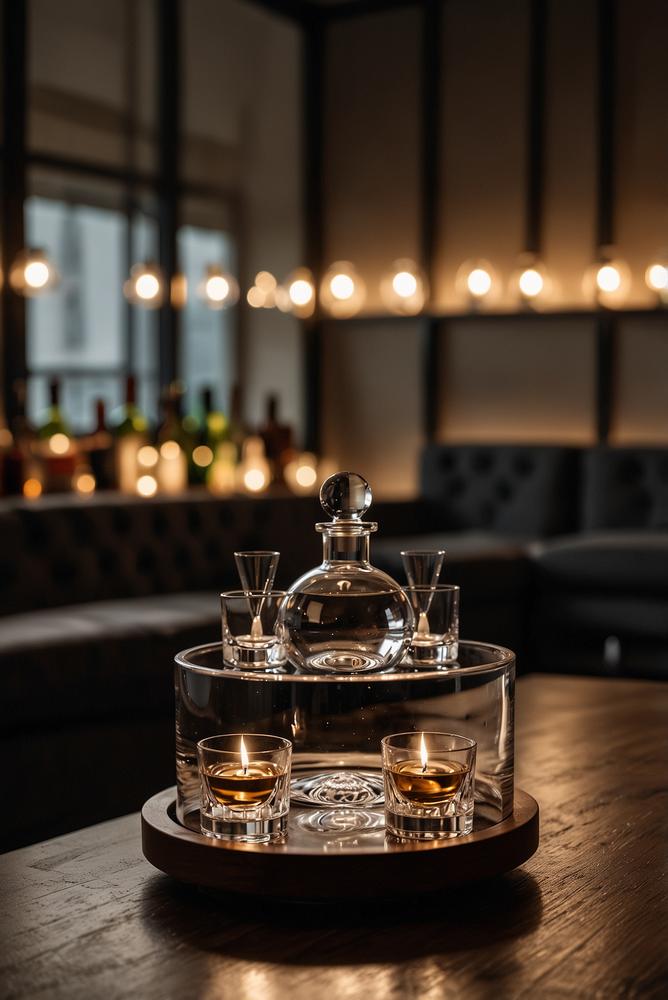 Schlichte Hausbar mit Kristallgläsern und Kerzenlicht