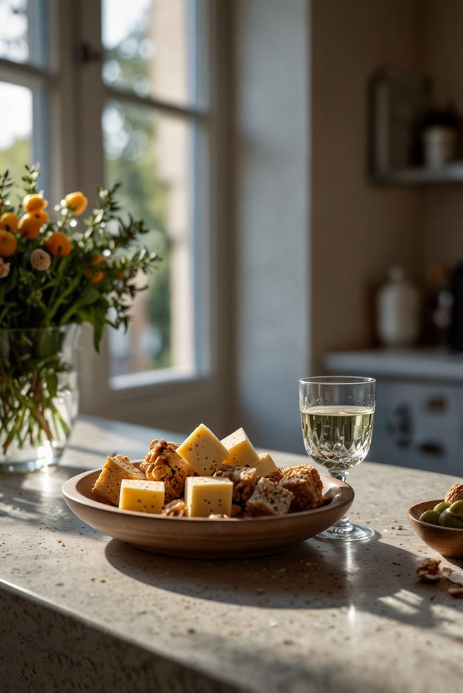Helle Sekt- und Snack-Ecke in moderner Küche zur Neujahrsparty