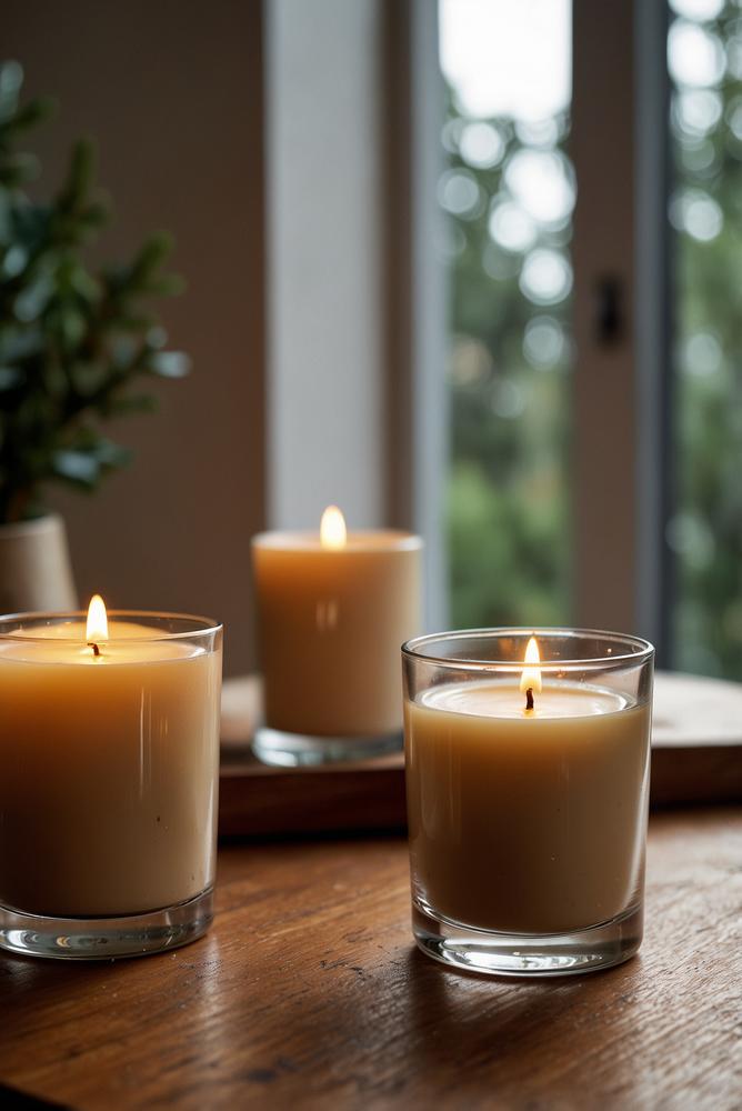 Sichere Duftkerze auf hellem Home-Office-Schreibtisch