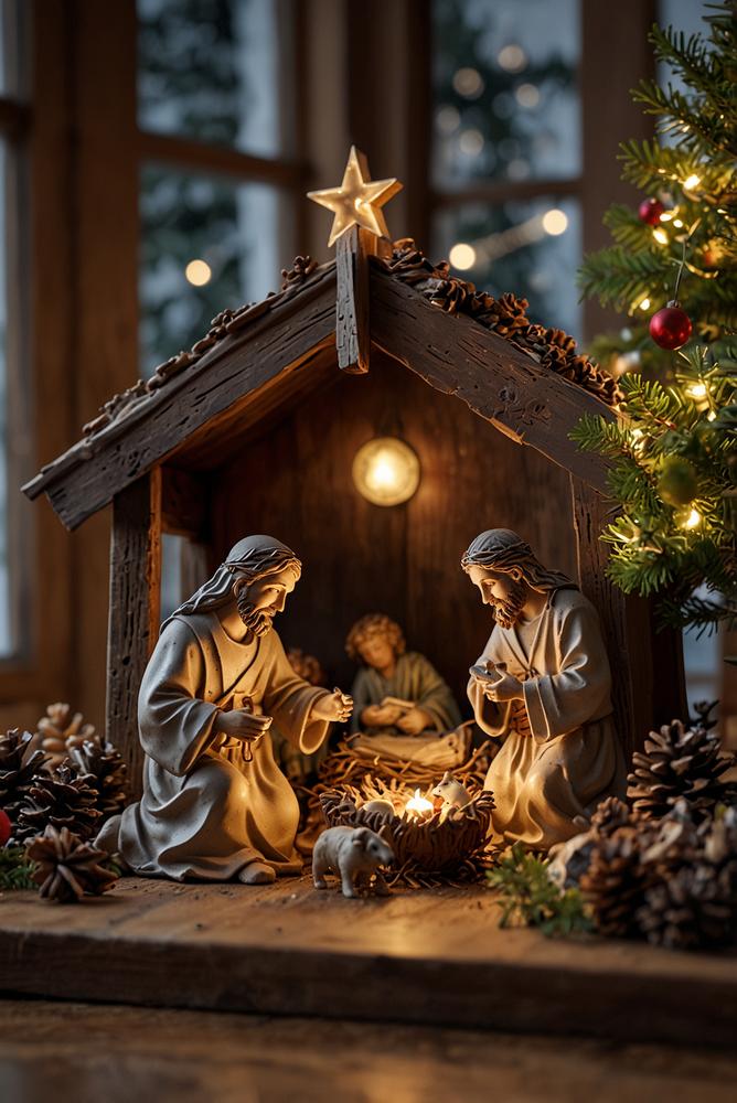 Helle haustierfreundliche Weihnachtskrippen-Ecke mit Naturdeko