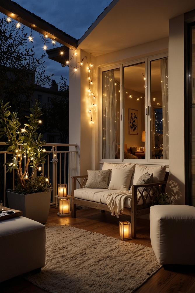 Helle Balkonlichterkette als Silvesterdeko für kleine Wohnung