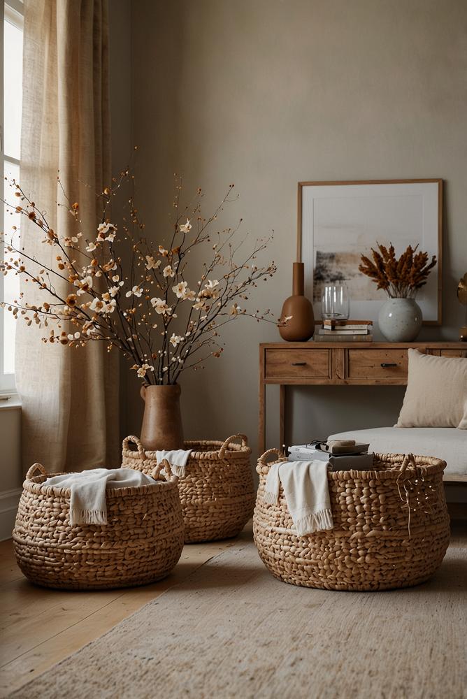 Helle Silvester-Deko in Körben und Boxen aus Rattan