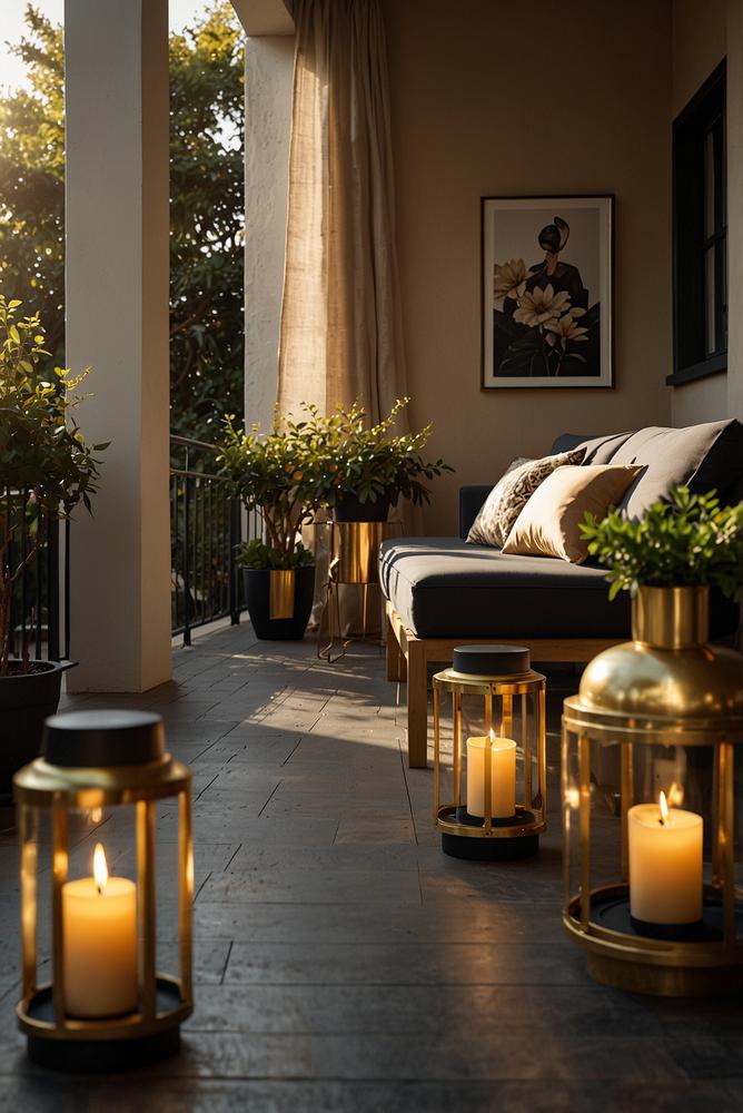helle Terrasse mit goldenen und schwarzen Silvesterakzenten