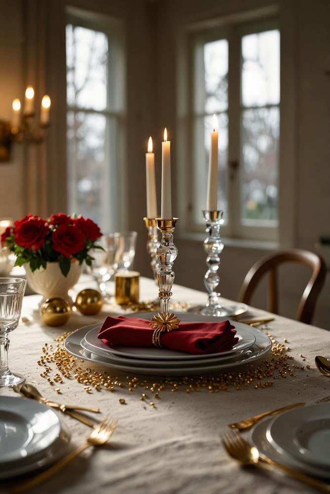 Helle, festlich dekorierte Silvester-Tafel in Wohnung