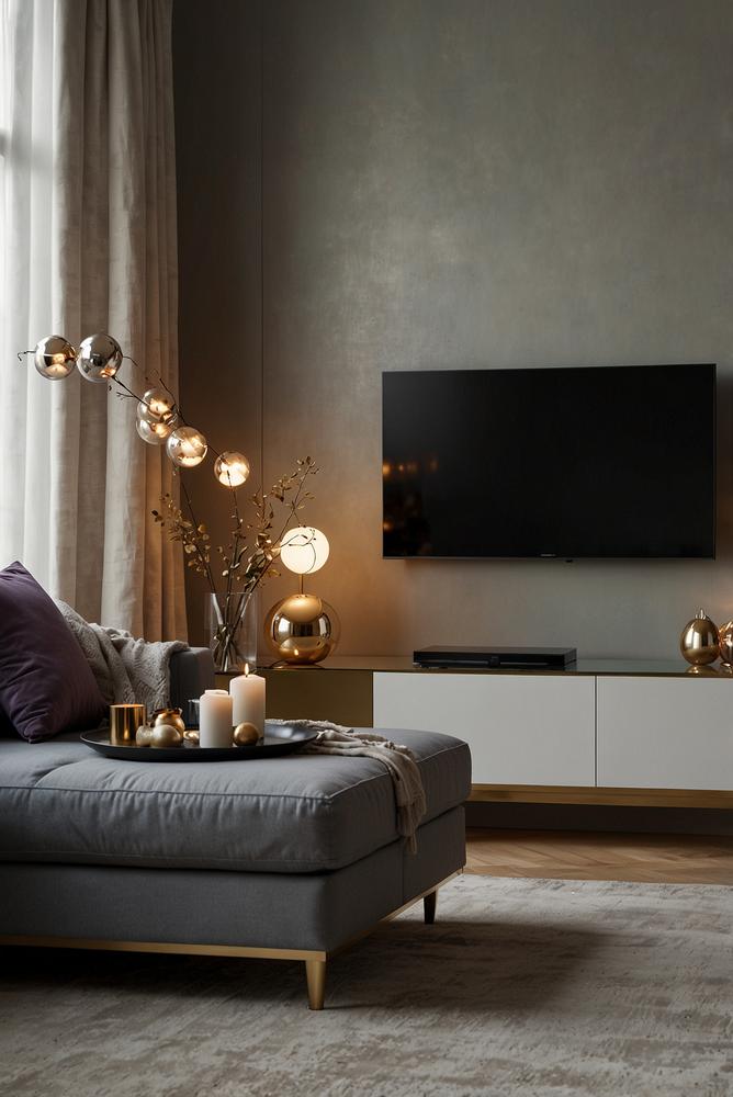 Silvester Wohnzimmer mit TV und stimmungsvoller Ambientebeleuchtung