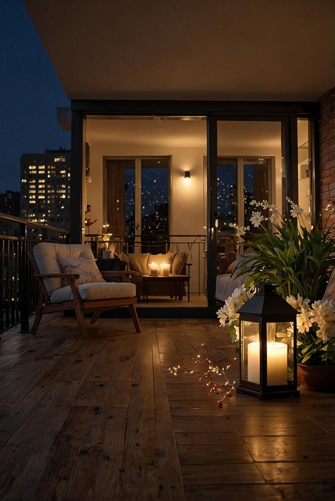 Wetterfeste Silvesterbeleuchtung auf Balkon mit Laternen