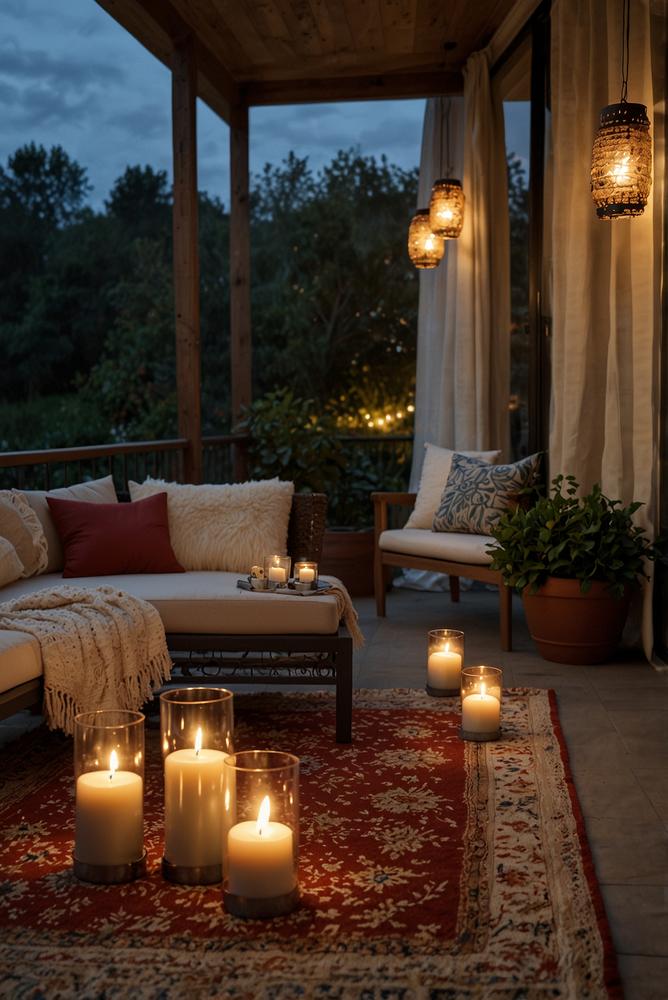 Gemütliche Silvesterdeko mit Windlichtern auf Balkon