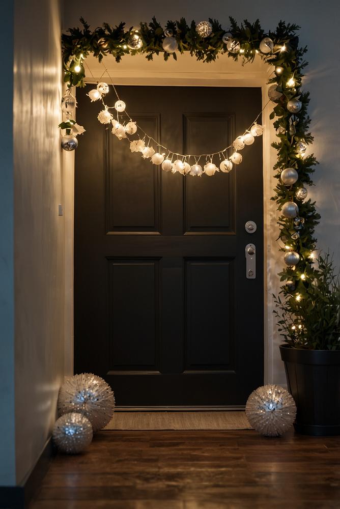 Hell erleuchteter Eingang mit Silvesterlicheterkette und Türkranz