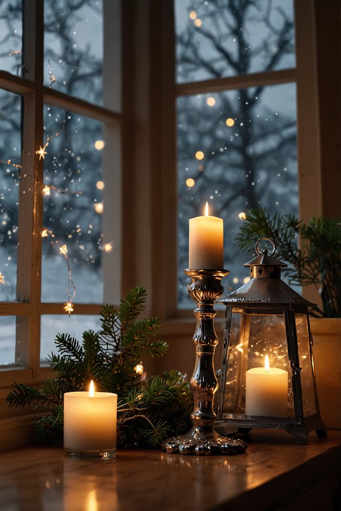 Helle Silvesterdeko auf der Fensterbank mit Kerzen und Lichtern