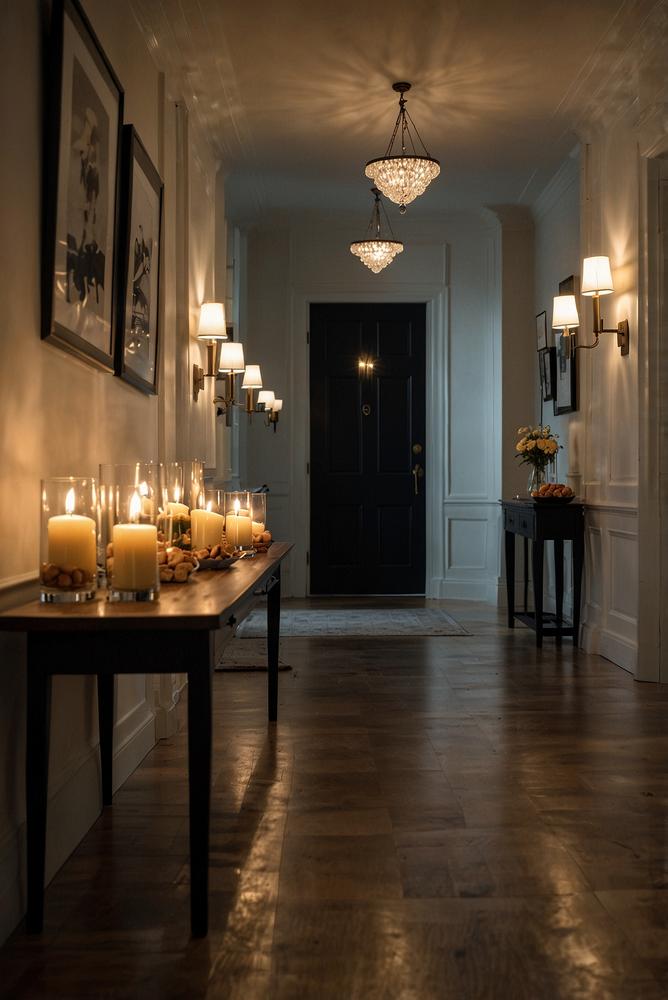 Heller Flur mit festlicher Silvesterdeko und Buffet