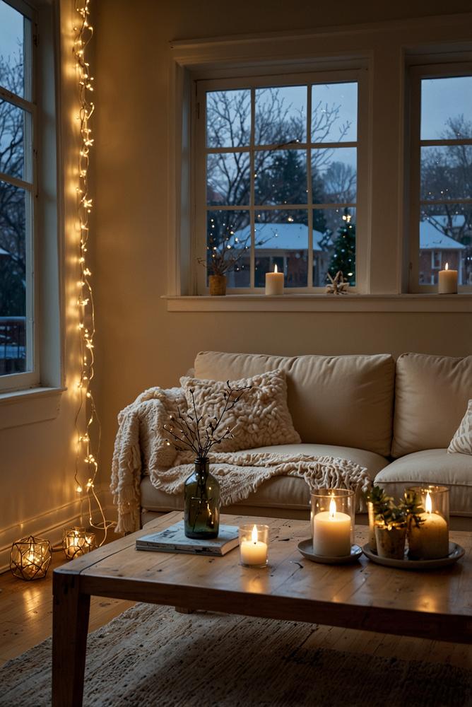 Girlanden über dem Sofa in kleiner Wohnung hell und einladend