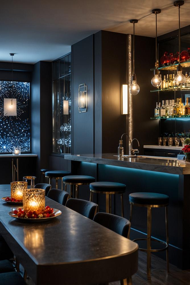 Hausbar mit kontrastreicher Silvesterdeko in Schwarz und Gold