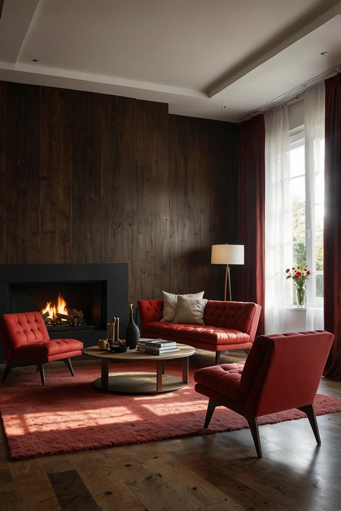 Silvesterdeko Kamin mit intensiven Rottönen und neutralen Farben