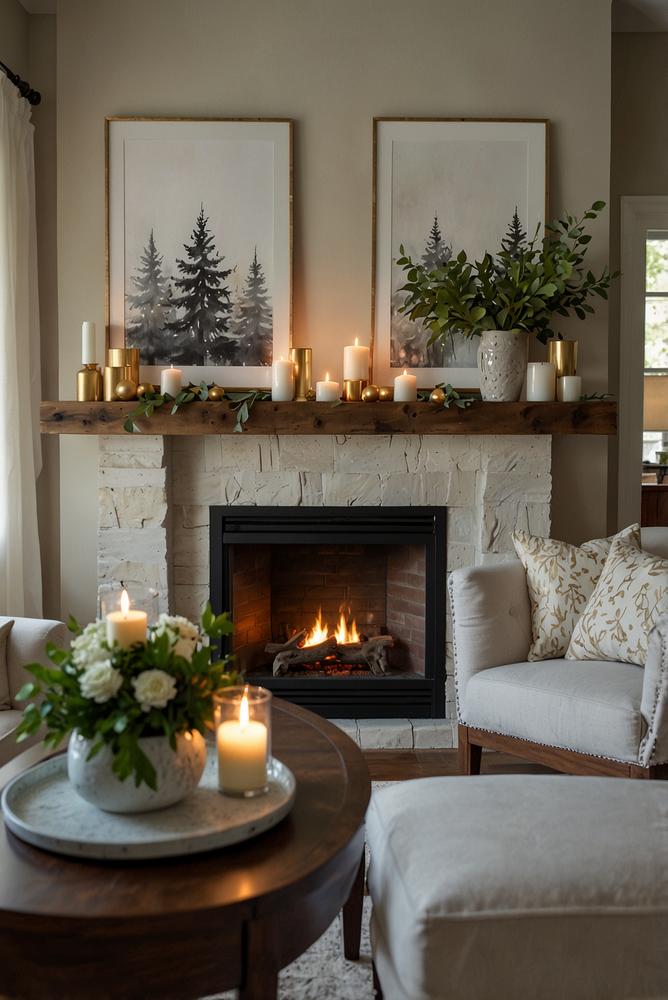 Minimalistische Silvesterdeko auf einem Kaminsims mit Kerzen