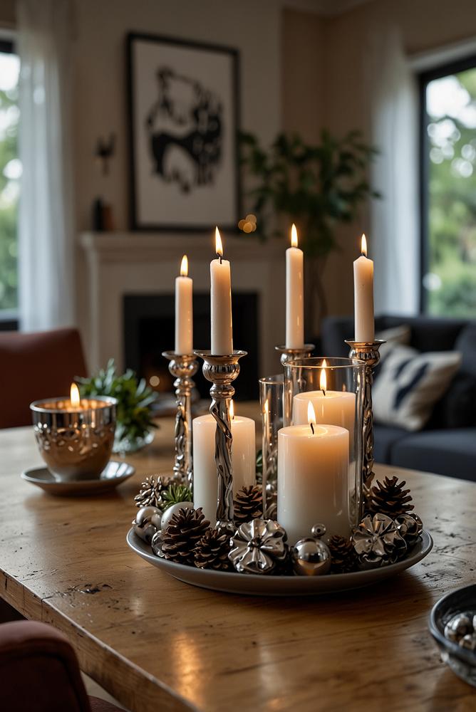 Helles Kerzenarrangement verbindet Ess- und Wohnbereich zu Silvester