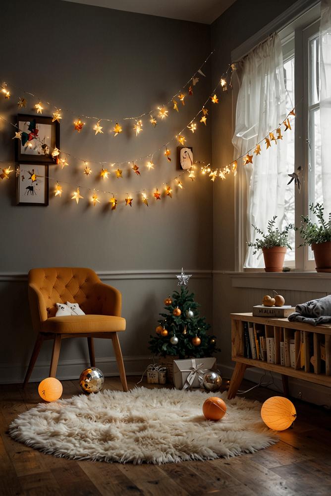 Kinderzimmer mit heller, sicherer Silvesterdekoration