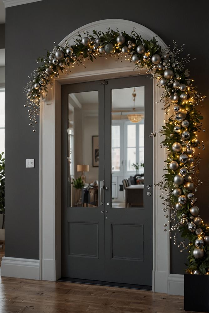 Helle Silvesterdeko an kleiner Wohnungseingangstuer
