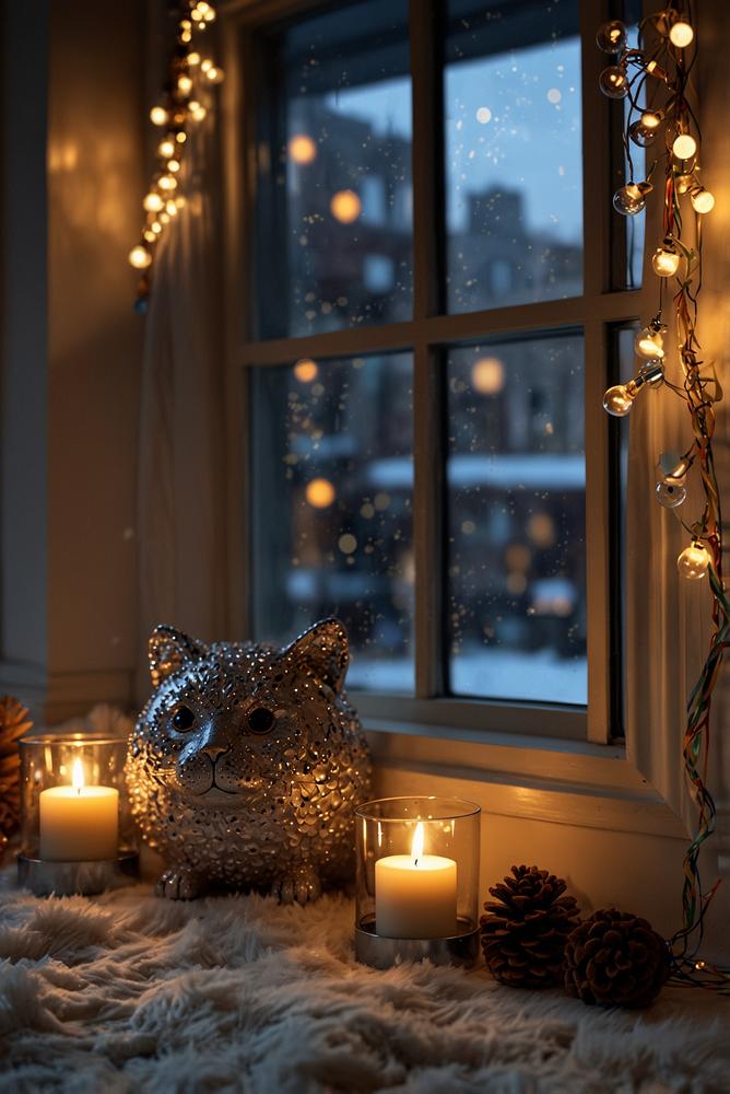 Fensterbank mit hellen Silvesterlichtern in kleiner Wohnung