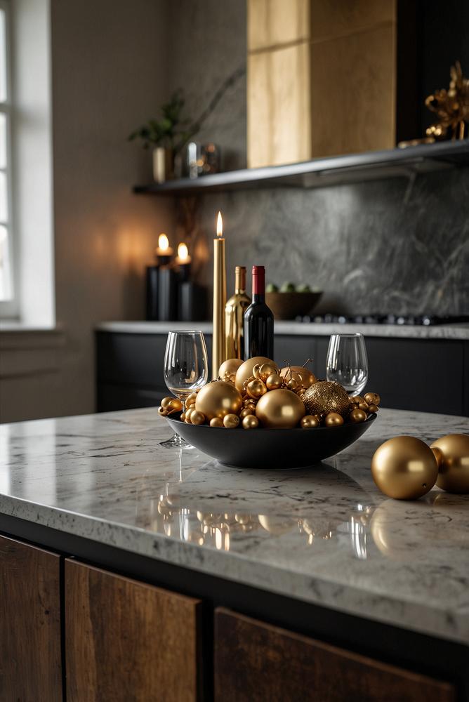 Silvesterdeko an der Kuecheninsel mit Schwarz-Gold