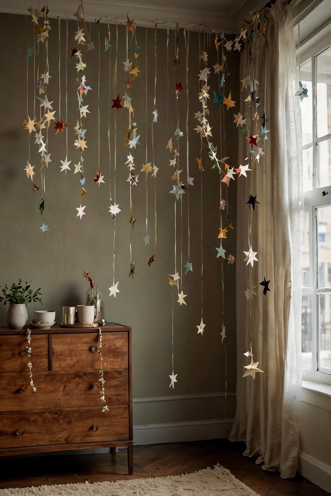 heller Raum mit silvester-girlanden an Schrankseite