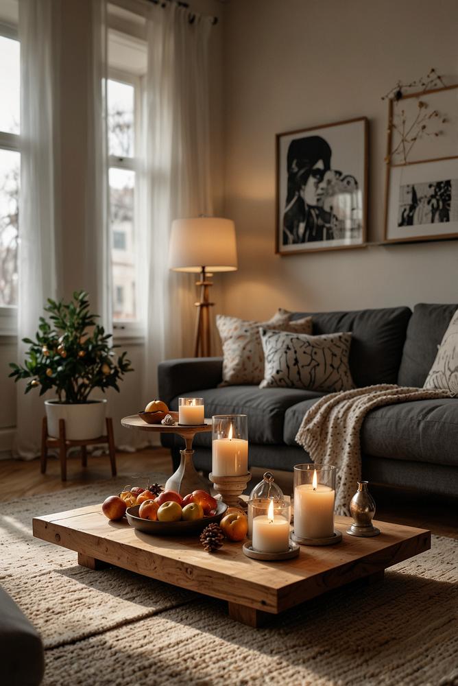 Helles Wohnzimmer mit Servierboard als Silvesterdeko