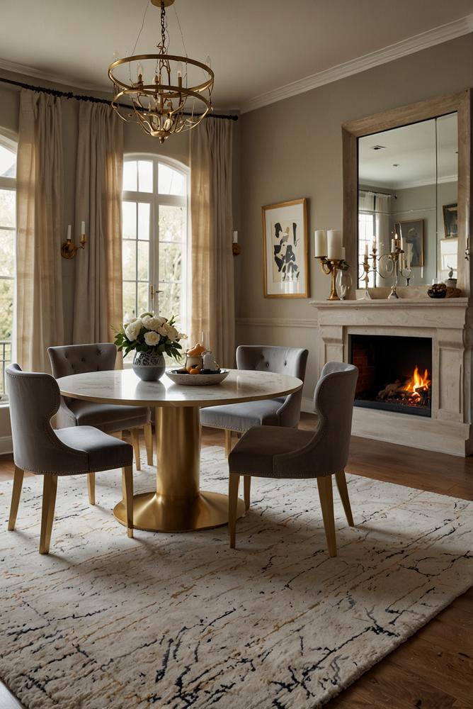 Helle Silvesterdeko mit Teppichen in Ess- und Wohnbereich