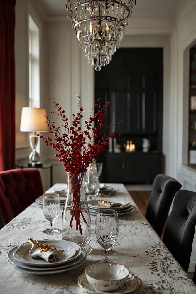 Helle Silvesterdeko mit Tischlaeufer und Sofakissen im Wohnbereich