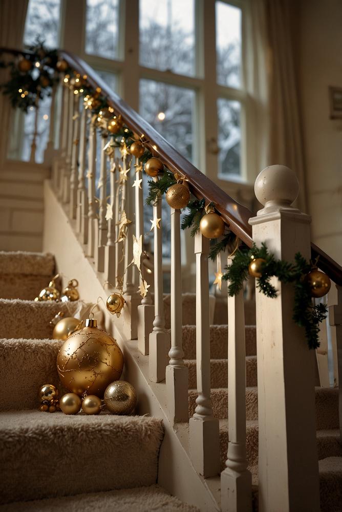 Silvesterdeko am Treppengeländer mit Stoffband und Lichterkette