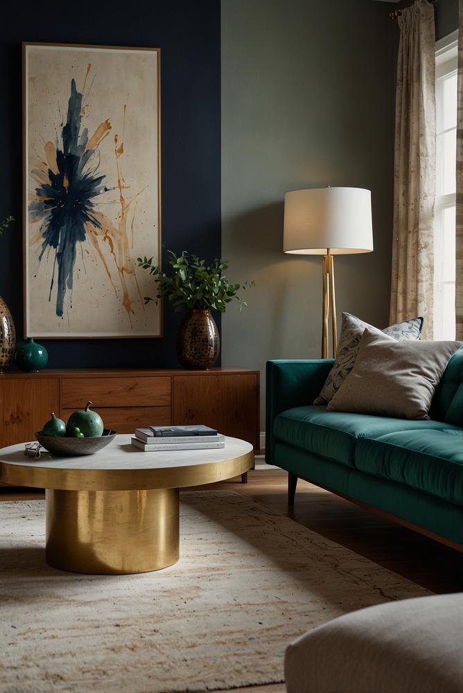 Wohnzimmer Silvesterdeko in warmen Gold- und Bronzetönen